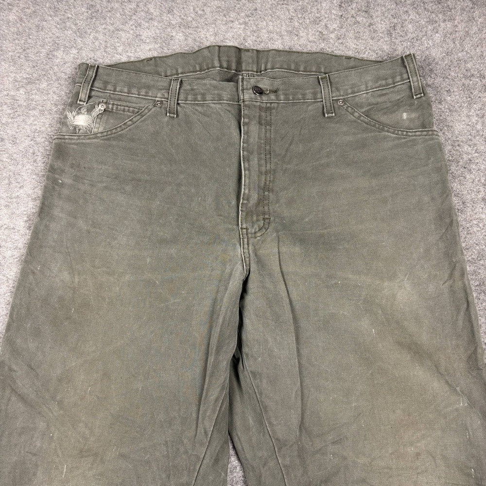 Dickies Duck Canvas Pants Mens 36x32 Olive Green Distressed Workwear Utility